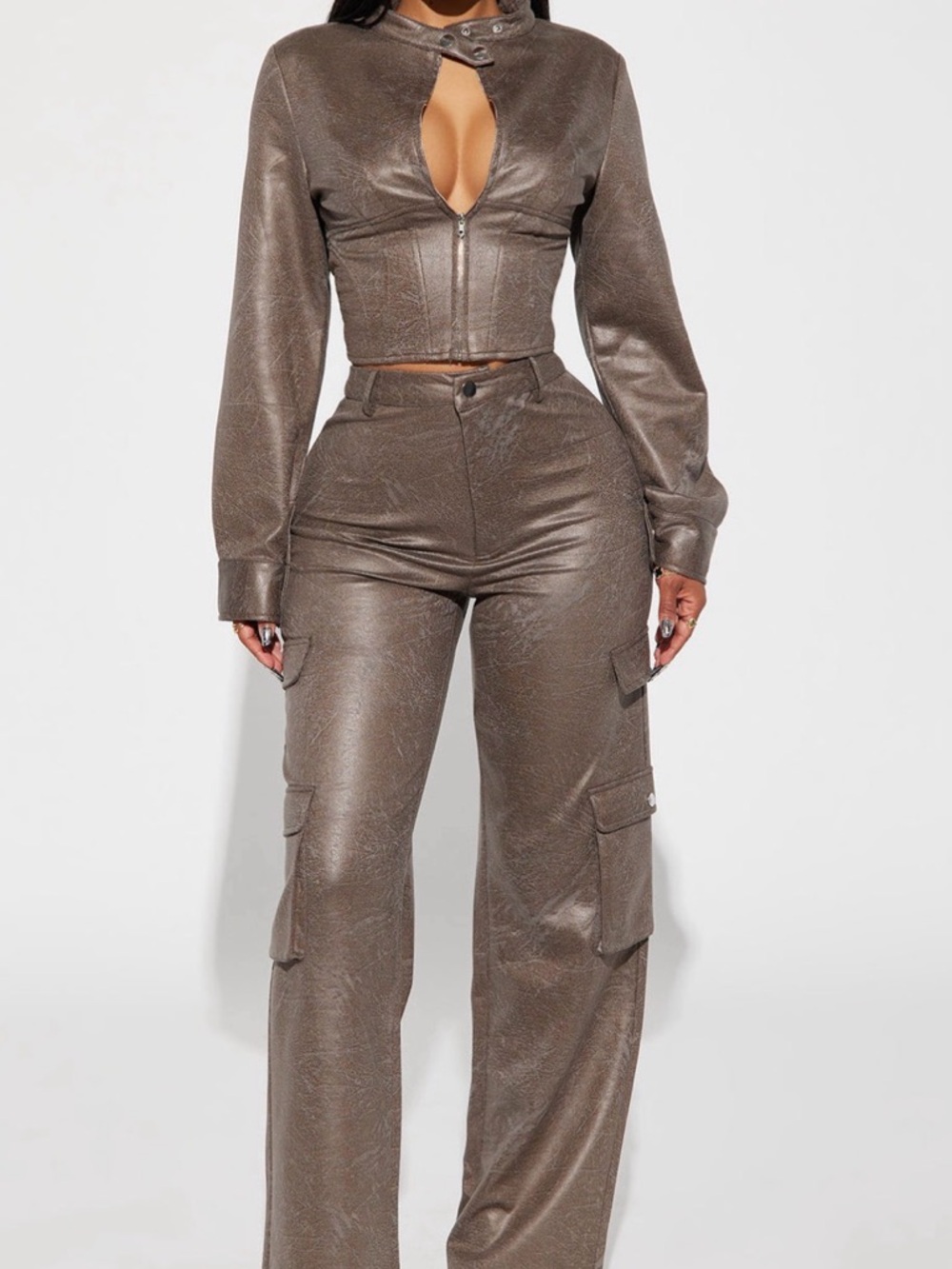 Fashion Nova OLIVE Wide Leg Cargo Jumpsuit Set